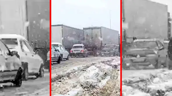 فیلم گرفتار شدن ده ها خودرو در برف مرز تمرچین