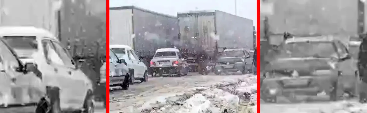 فیلم گرفتار شدن ده ها خودرو در برف مرز تمرچین