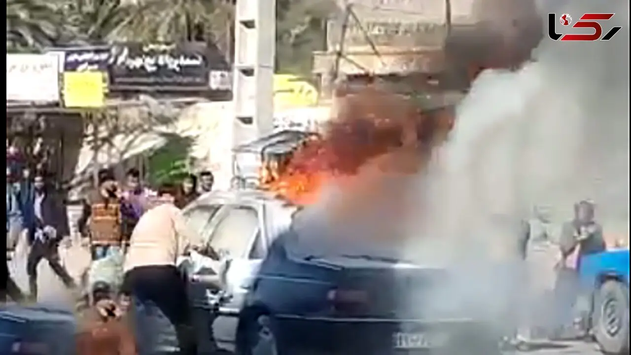 فیلم لحظه زنده سوختن مرد هرمزگانی در آتش پژو 