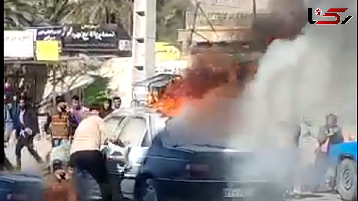 فیلم لحظه زنده سوختن مرد هرمزگانی در آتش پژو 