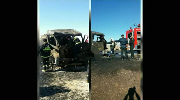 تصادف مرگبار نفتکش با تریلر در جاده ساوه / راننده نفتکش در آتش سوخت + تصاویر 