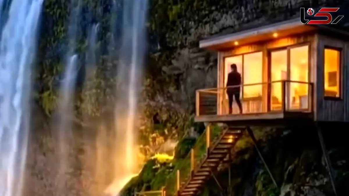 فیلم خانه پنهان در دامنه صخره ها با چشم انداز آبشار