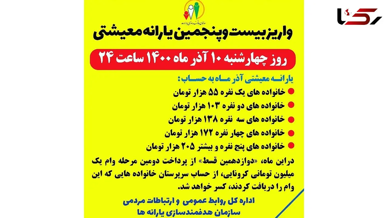 زمان واریز یارانه معیشتی آذر ماه 1400 اعلام شد + جدول