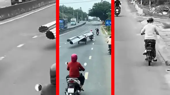 فیلم موتورسواری با بار ورقه فلزی بلند و عجیب