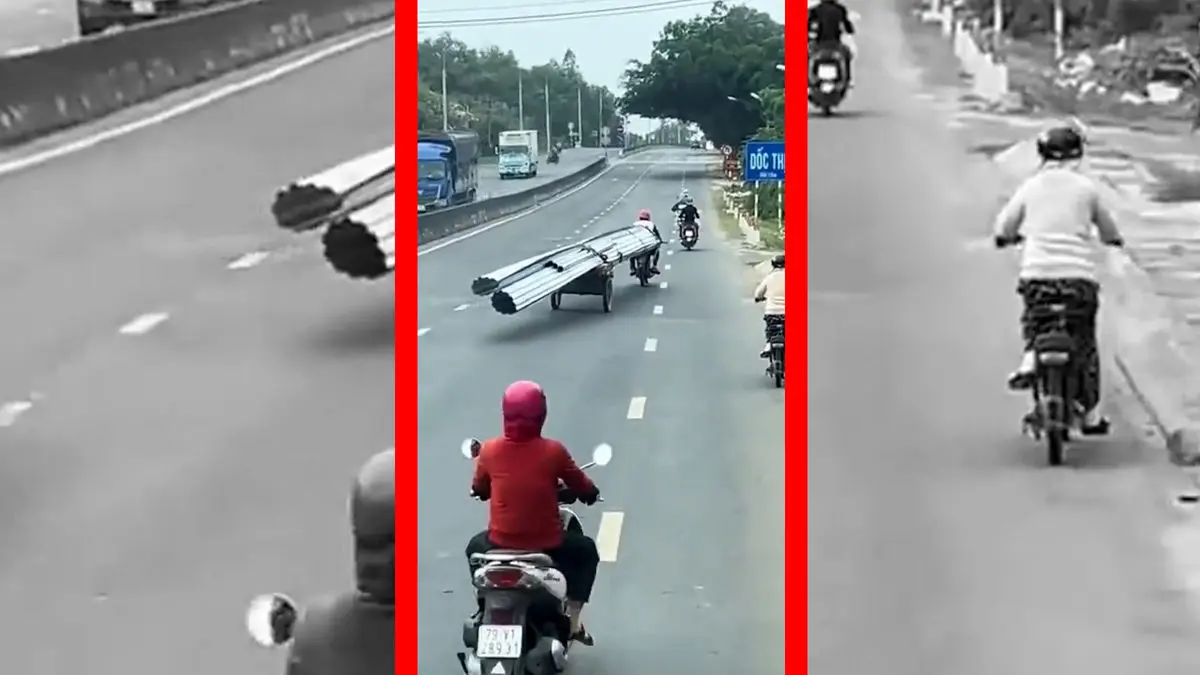 فیلم موتورسواری با بار ورقه فلزی بلند و عجیب