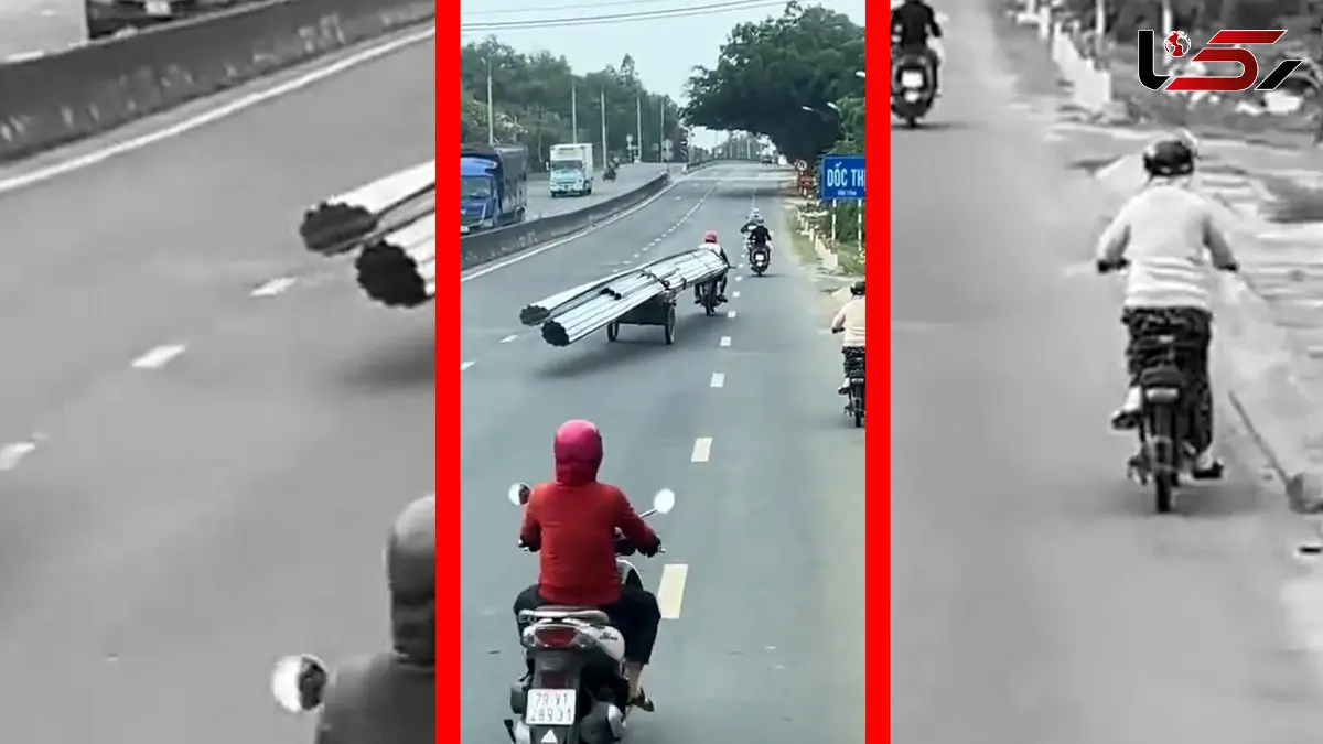 فیلم موتورسواری با بار ورقه فلزی بلند و عجیب