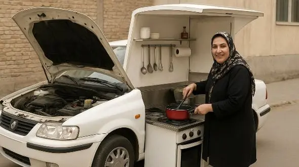 خلاقیت خانم خوش ذوق سبزواری برای تبدیل خودرو ال 90 به آشپزخانه سیار حماسه ‌آفرید، به کوچکترین فضا هم رحم نکرده / هنر نزد ایرانیان است و بس
