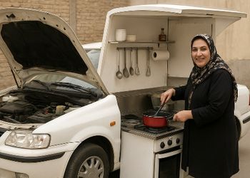خلاقیت خانم خوش ذوق سبزواری برای تبدیل خودرو ال 90 به آشپزخانه سیار حماسه ‌آفرید، به کوچکترین فضا هم رحم نکرده / هنر نزد ایرانیان است و بس