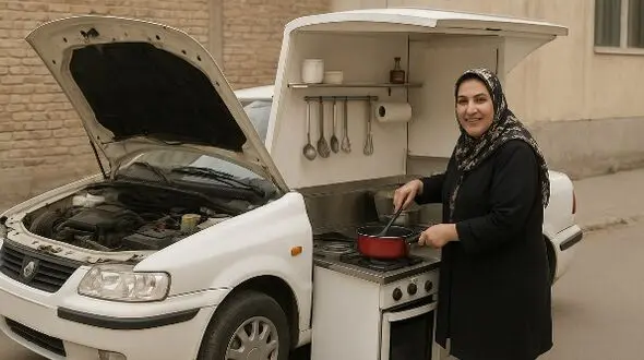 خلاقیت خانم خوش ذوق سبزواری برای تبدیل خودرو ال 90 به آشپزخانه سیار حماسه ‌آفرید، به کوچکترین فضا هم رحم نکرده / هنر نزد ایرانیان است و بس