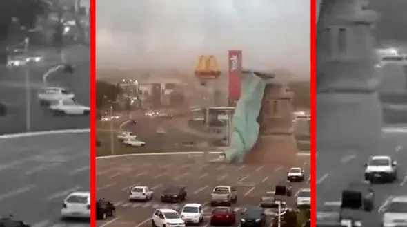 فیلم سقوط ماکت مجسمه آزادی در برزیل بر اثر طوفان