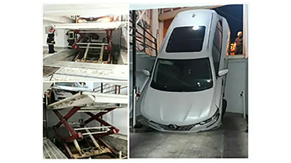 سقوط حادثه ساز خودرو در پارکینگ آپارتمان مسکونی در رشت + عکس