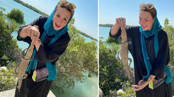 حرکت خطرناک بازیگر زن ایرانی / آزیتا ترکاشوند یک گاندو را در آغوش گرفت ! + عکس