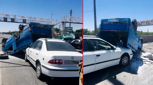 عکس تصادف عجیب در اتوبان آزادگان / پشتک وارو نیسان آبی جلوی سمند