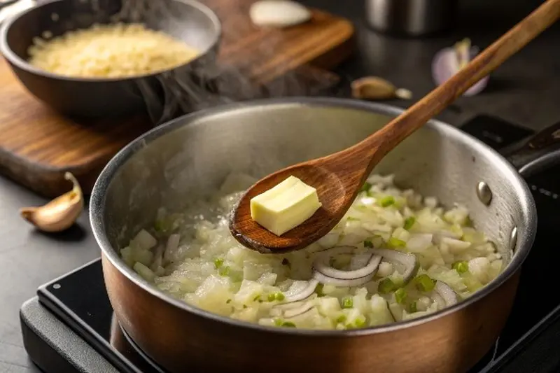 a-pot-on-a-stove-with-a-tablespoon-of-butter-melti