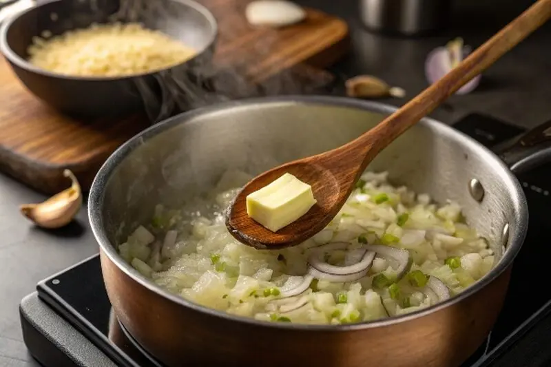 a-pot-on-a-stove-with-a-tablespoon-of-butter-melti
