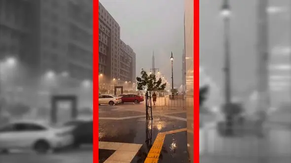 فیلم قفل شدن خیابان‌های مدینه با بارش باران