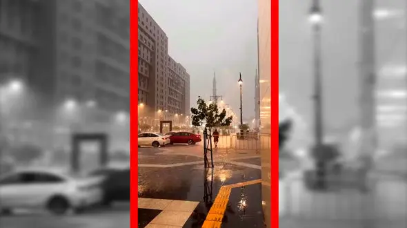 فیلم قفل شدن خیابان‌های مدینه با بارش باران