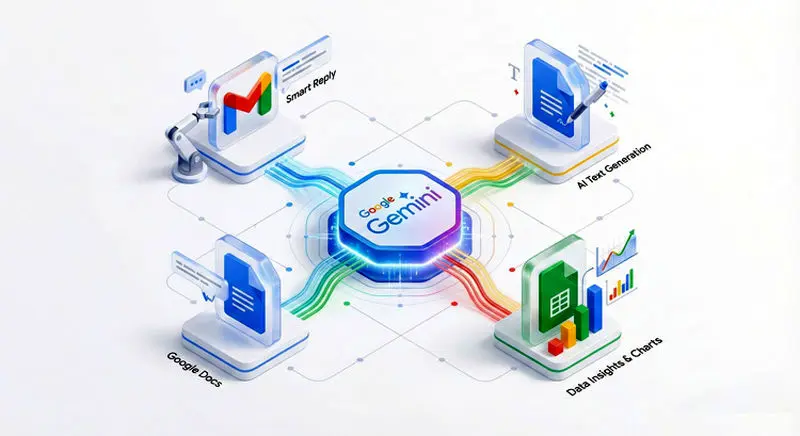 نمودار یکپارچگی و اتوماسیون هوش مصنوعی جمینای ادونسد با سرویس‌های جیمیل، گوگل داکس و شیتس