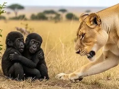 فیلم/شیر گشنه به بچه میمون ها رسید نه تنها نخورد بلکه شد مادرشون