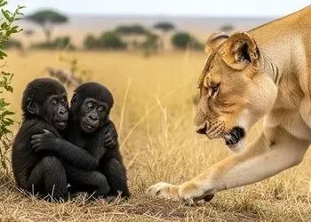 فیلم/شیر گشنه به بچه میمون ها رسید نه تنها نخورد بلکه شد مادرشون