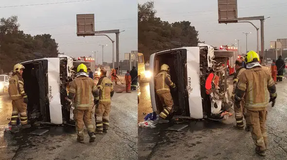 تصادف شوکه‌ کننده ساعت ۶ صبح / مینی‌بوس با ۶ سرنشین واژگون شد