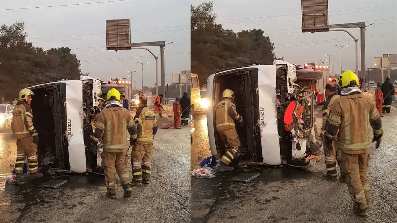 تصادف شوکه‌ کننده ساعت ۶ صبح / مینی‌بوس با ۶ سرنشین واژگون شد