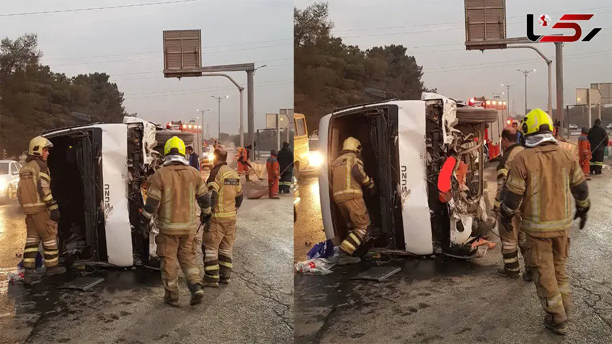 تصادف شوکه‌ کننده ساعت ۶ صبح / مینی‌بوس با ۶ سرنشین واژگون شد