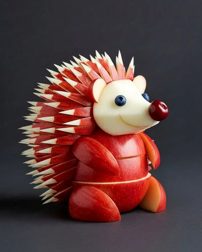 تصویری از مجسمه‌های خلاقانه ساخته‌شده با میوه، شامل حیواناتی مانند سگ سیبی، گربه هندوانه‌ای و حلزون میوه‌ای که با برش‌های دقیق و ترکیب رنگ‌های طبیعی میوه‌ها طراحی شده‌اند؛ مناسب برای معرفی هنر میوه‌آرایی و ترندهای خلاقانه در شبکه‌های اجتماعی.