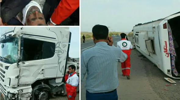  ۲۲ مسافر در تصادف اتوبوس با تریلی در تربت حیدریه مصدوم شدند +تصاویر