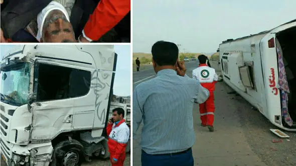  ۲۲ مسافر در تصادف اتوبوس با تریلی در تربت حیدریه مصدوم شدند +تصاویر