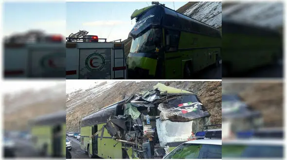 عکس مچاله شده اتوبوس در تصادف با کوه جاده چالوس + چزییات