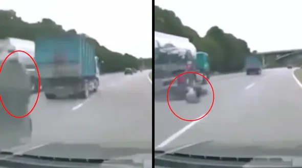  لحظه رها شدن چادر کامیون روی 2 موتورسوار در اتوبان +فیلم
