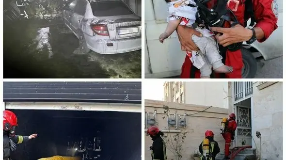 تصاویر آتش‌سوزی یک مجتمع مسکونی در الهیه مشهد /گرفتار شدن ۸ نفر در میان دود و آتش 