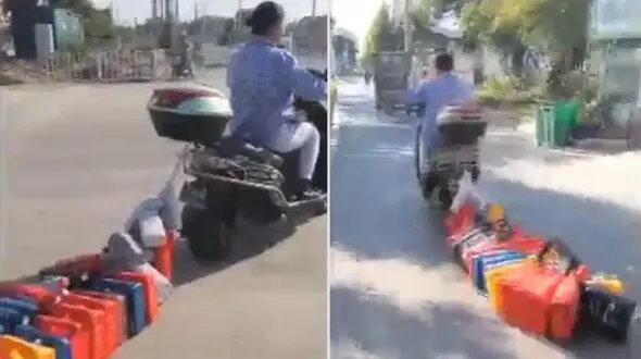 عجیب‌ترین مدل حمل بار با موتور توسط یک زن + فیلم