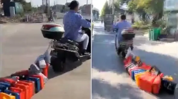 عجیب‌ترین مدل حمل بار با موتور توسط یک زن + فیلم