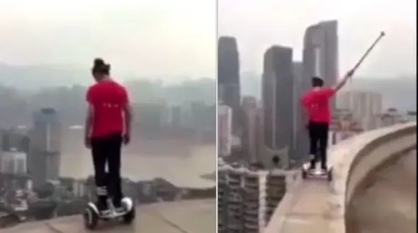 اسکوتر بازی در لبه پشت بام یک برج + فیلم