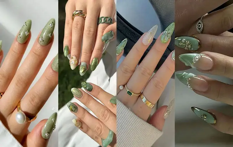 مدل طرح ناخن سبز ماچا با دیزاین