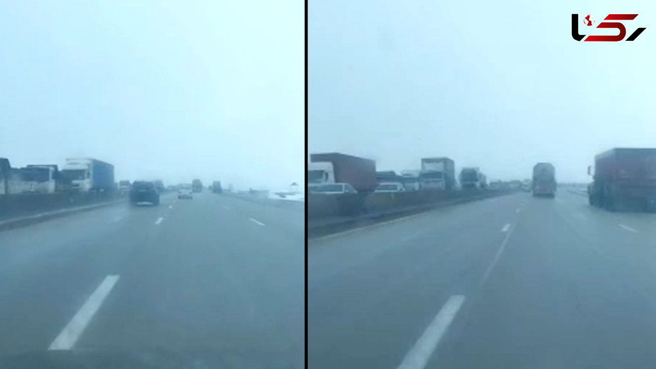 فیلم ترافیک چند کیلومتری اتوبان تهران به ساوه بخاطر یخ زدگی جاده