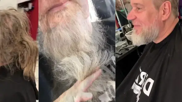 خوشحالی و ذوق مرد بی خانمان با اقدام تحسین برانگیز مرد پیرایشگر+ فیلم