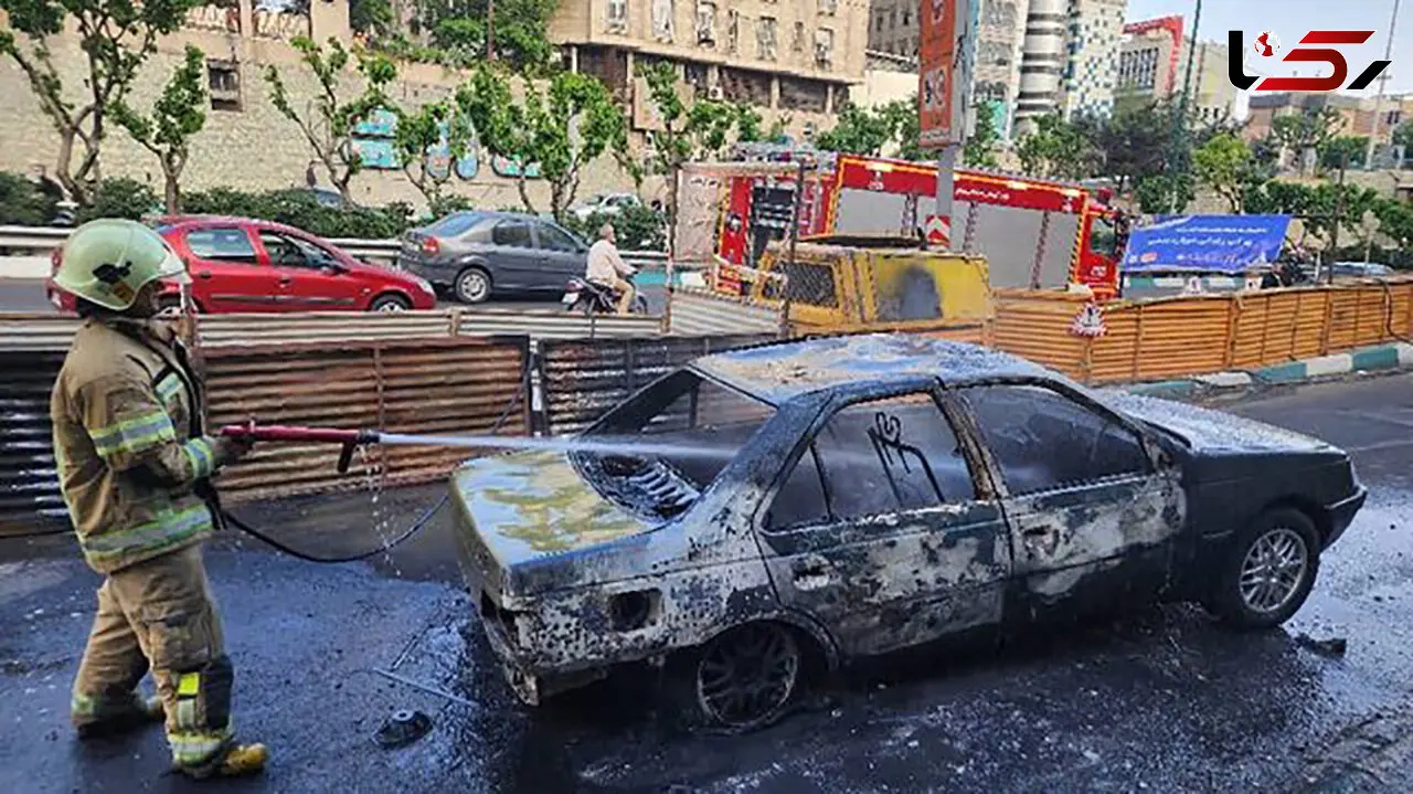 آتش‌سوزی پژو ۴۰۵ در بزرگراه مدرس با دو مصدوم