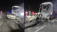 تصادف وحشتناک در جاده کاشان _ قم / راننده اتوبوس فرار کرد و سرنشینان پیکان سوختند