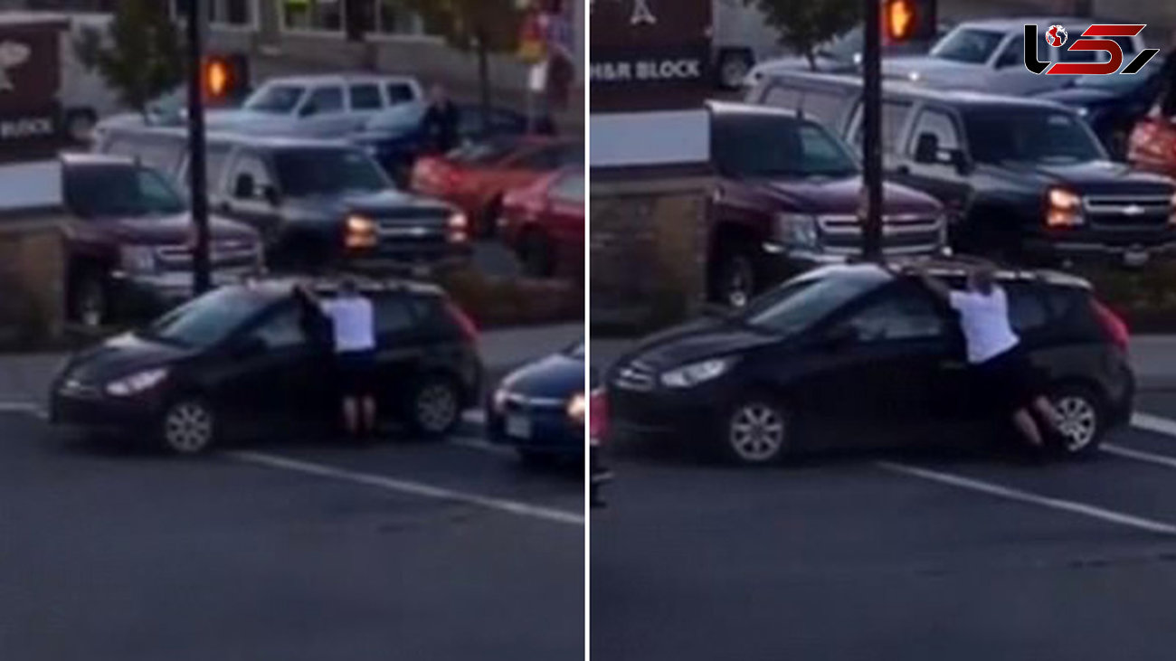  آویزان شدن خطرناک مردی از ماشینش که دزدیده شده بود  + فیلم