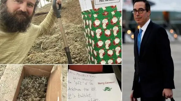 این مرد فضولات اسب را به وزیر خزانه‌داری ترامپ  هدیه داد + عکس 