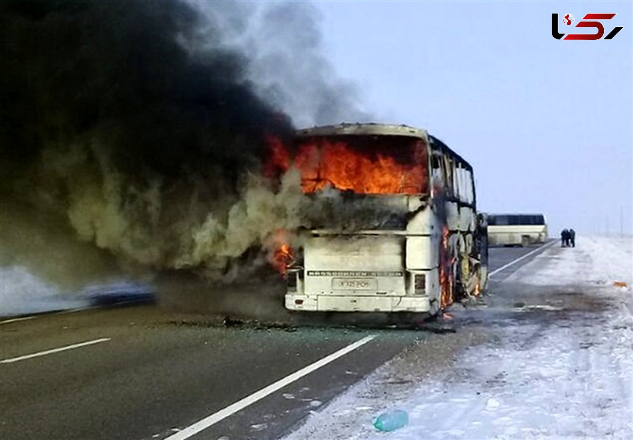 ویدئو لحظه آتش گرفتن اتوبوس در جاده هراز