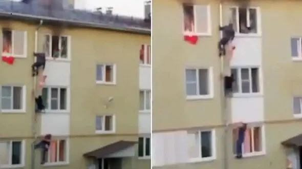 نجات معجزه آسای دو کودک در آتش سوزی + فیلم