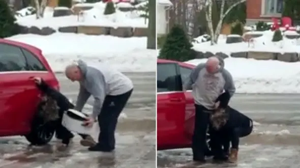 تلاش خنده‌دار یک زن برای حفظ تعادل روی زمین یخ‌زده + فیلم