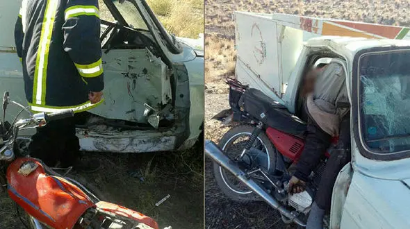 تصاویر برخورد عجیب موتورسیکلت و پیکان وانت در سبزوار/مرگ دلخراش موتورسوار