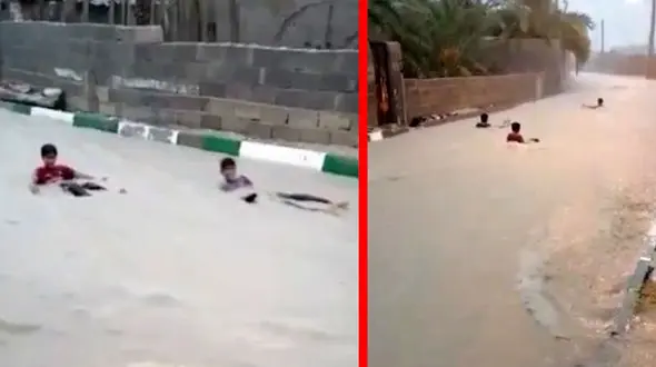 فیلم باورنکردنی از تفریح کودکان در سیل هرمزگان  