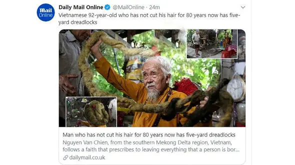 مرد 92 ساله با موهای 4.5 متری همه را شوکه کرد ! + عکس