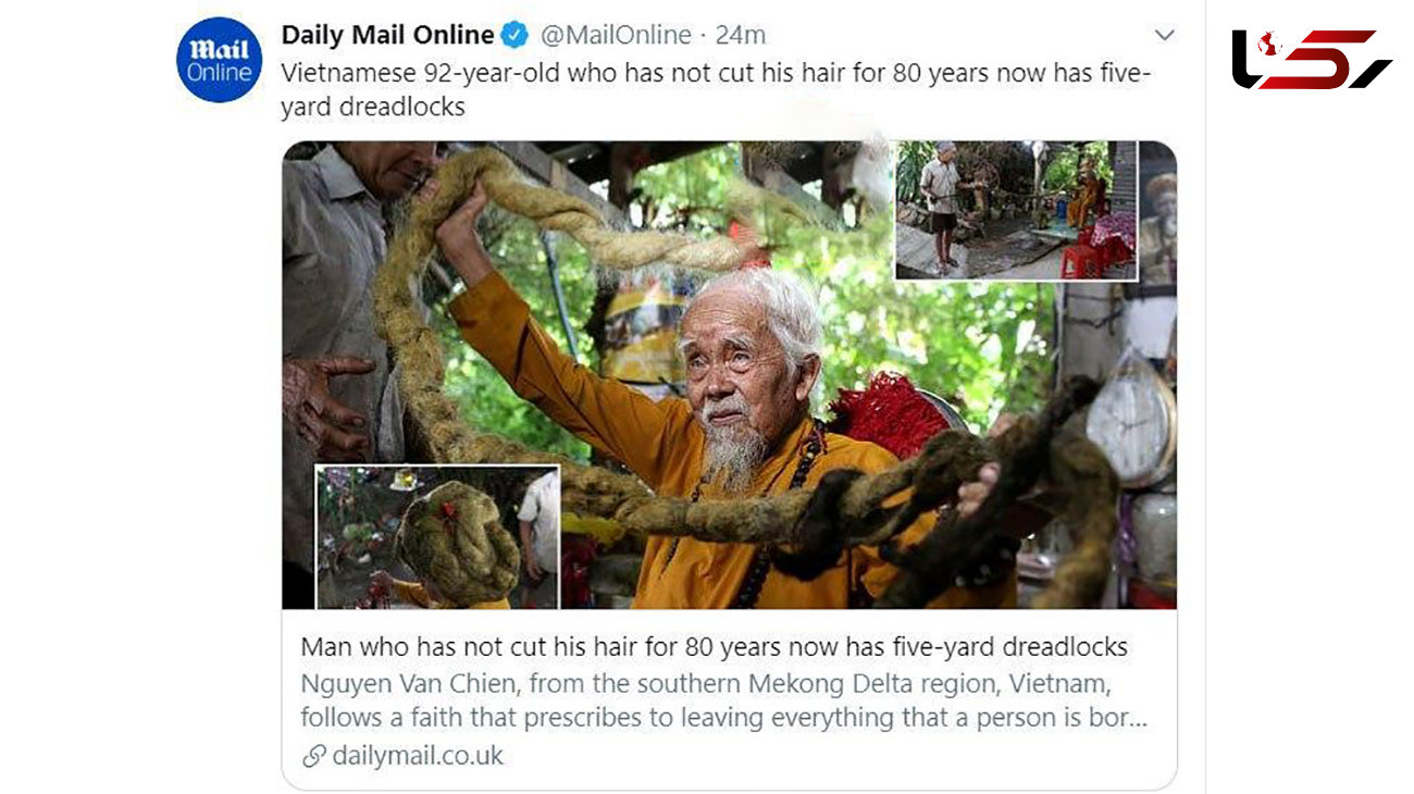 مرد 92 ساله با موهای 4.5 متری همه را شوکه کرد ! + عکس